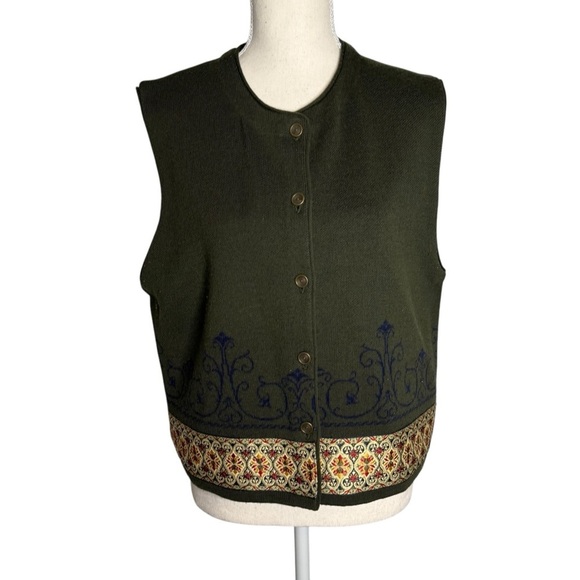 Pendleton green gold ribbon trim Wool blend button front vest ladies Large - Picture 1 of 8